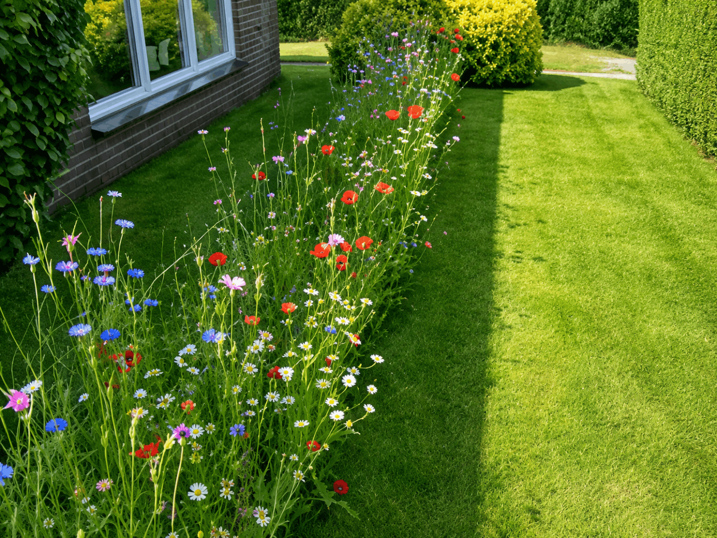 Bloemzode met inheemse wilde bloemen in volle bloei langs het gazon